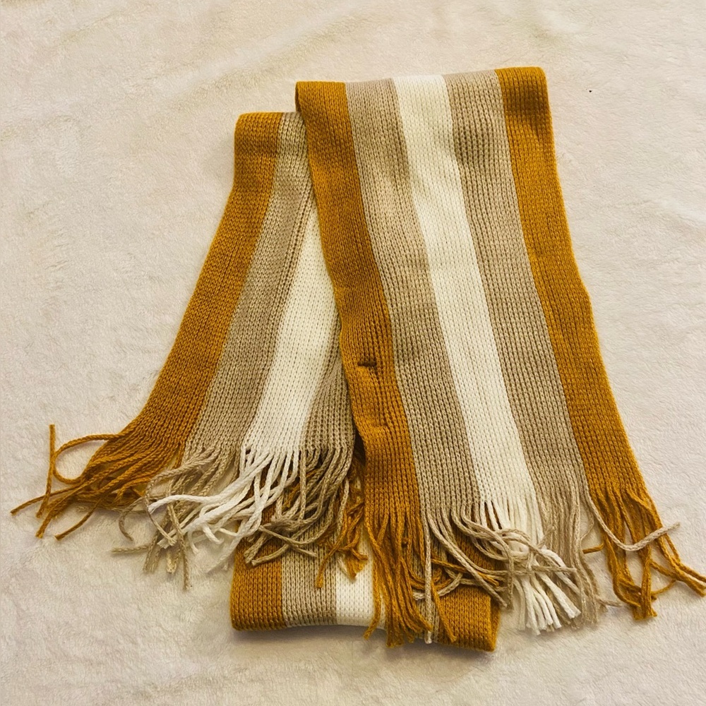 Scarf Striped Tassels Mustard, Brown, and Cream NWT